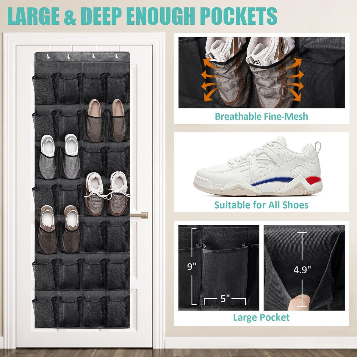 White Over the Door Shoe Organizer with 24 Mesh Pockets - Space Saving Hanging Storage for Shoes, Accessories, Pantry