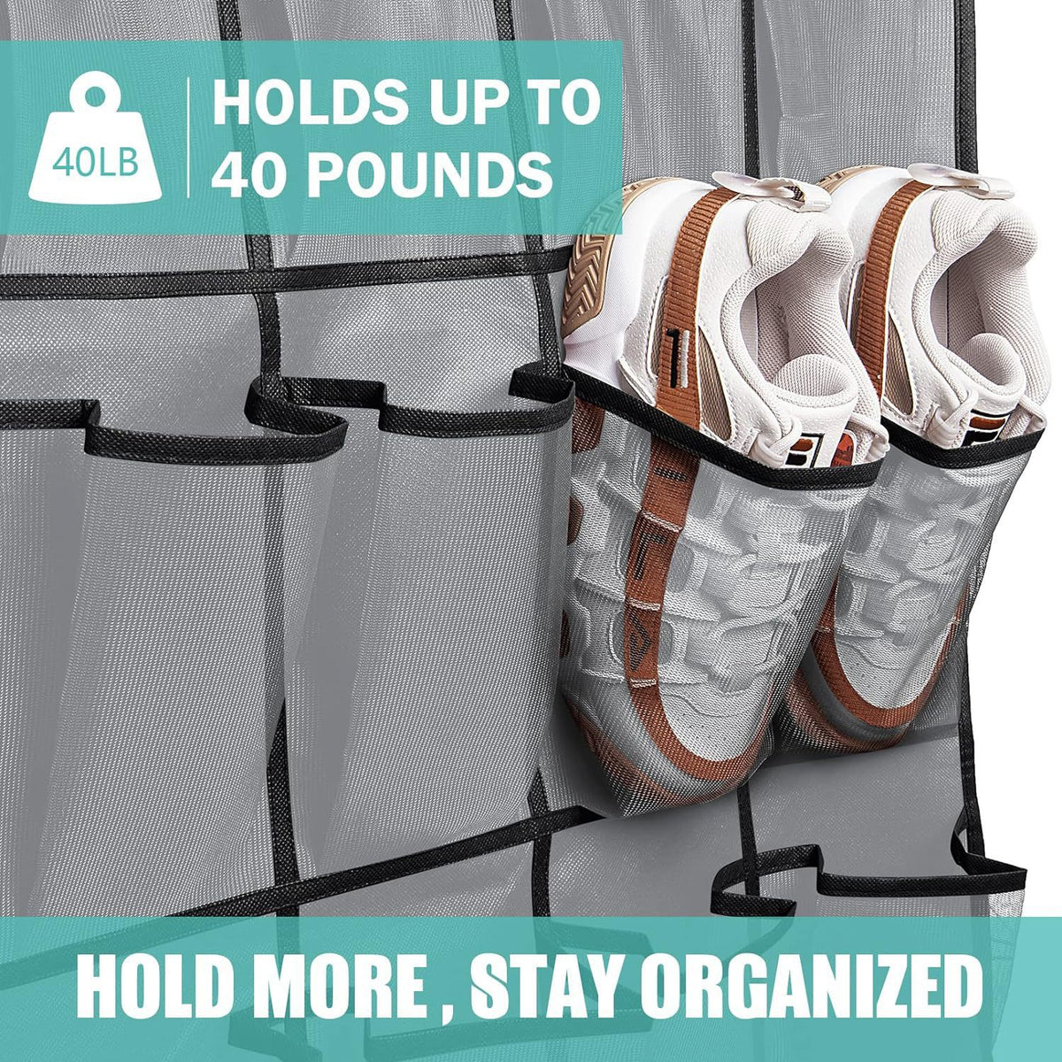 White Over the Door Shoe Organizer with 24 Mesh Pockets - Space Saving Hanging Storage for Shoes, Accessories, Pantry