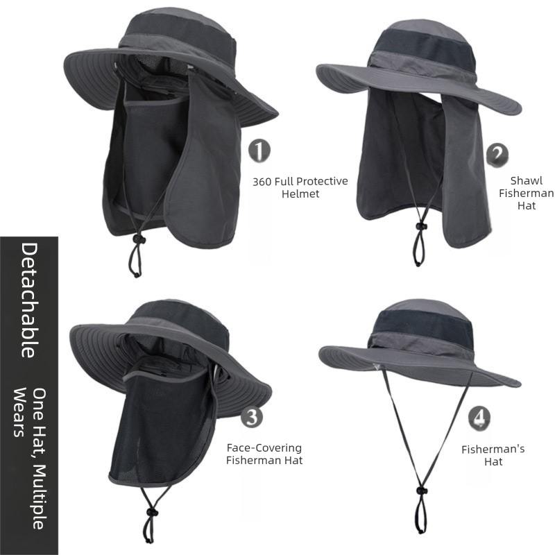 Dark Grey Outdoor Summer Sun Protection Hat with UV Protection Breathable Wide Brim Fisherman Cap for Hiking Cycling Fishing