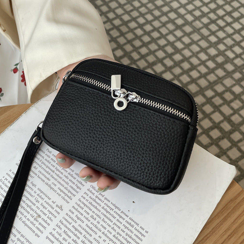 Black Women's Mini Genuine Leather Coin Purse Double Zipper Organiser Multi-function Wristlet Wallet