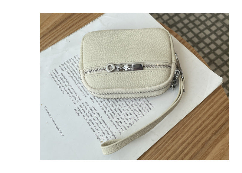 Black Women's Mini Genuine Leather Coin Purse Double Zipper Organiser Multi-function Wristlet Wallet