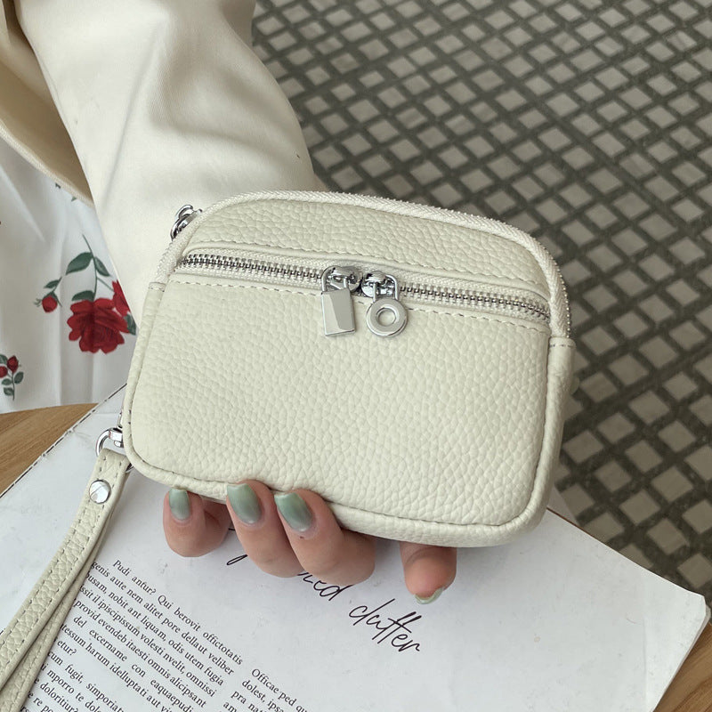 Beige Women's Mini Genuine Leather Coin Purse Double Zipper Organiser Multi-function Wristlet Wallet