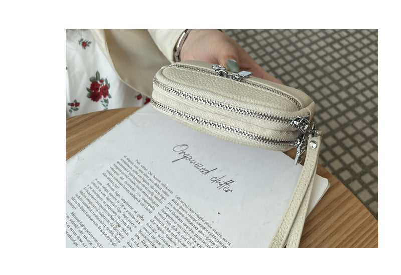 Beige Women's Mini Genuine Leather Coin Purse Double Zipper Organiser Multi-function Wristlet Wallet