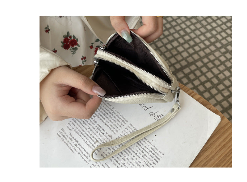Dark Pink Women's Mini Genuine Leather Coin Purse Double Zipper Organiser Multi-function Wristlet Wallet