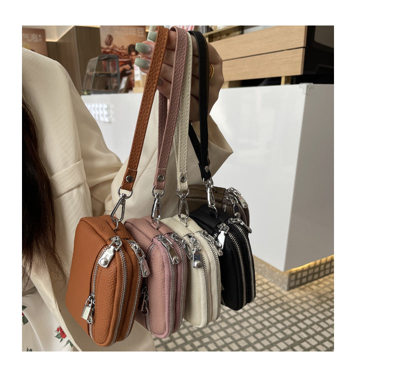 Red Women's Mini Genuine Leather Coin Purse Double Zipper Organiser Multi-function Wristlet Wallet