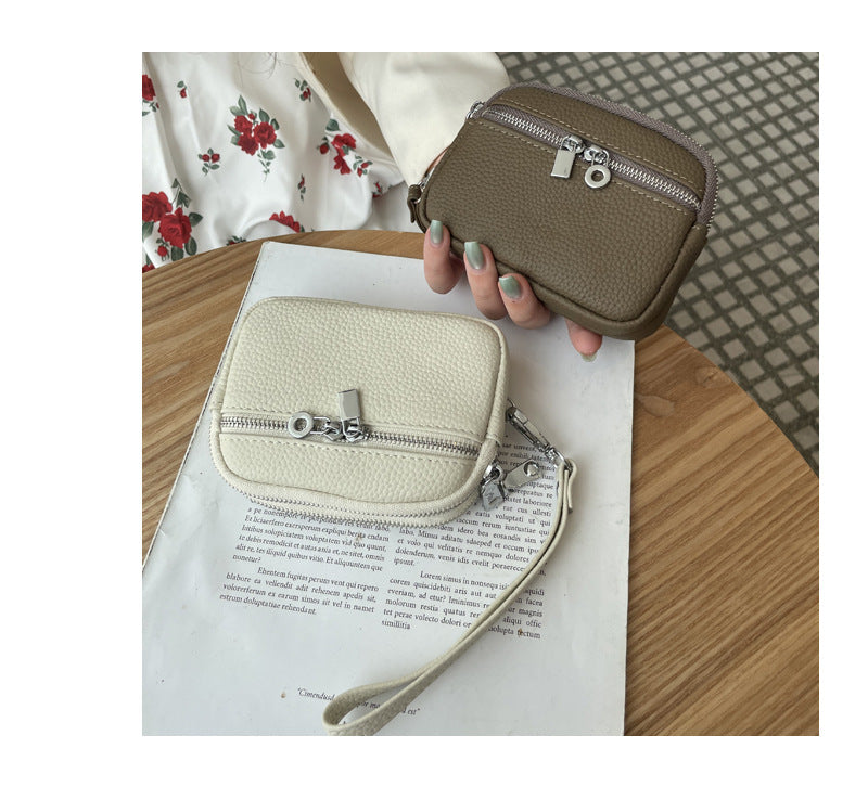 Red Women's Mini Genuine Leather Coin Purse Double Zipper Organiser Multi-function Wristlet Wallet