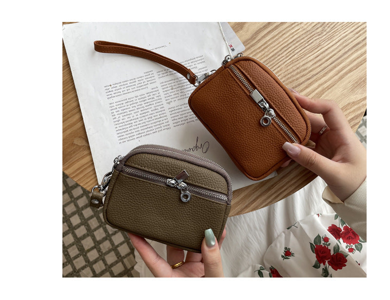 Red Women's Mini Genuine Leather Coin Purse Double Zipper Organiser Multi-function Wristlet Wallet