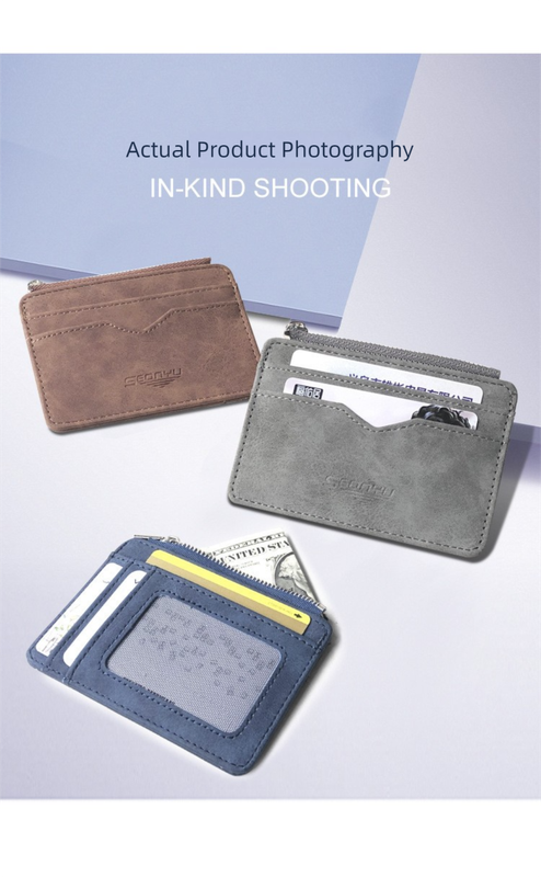 2 Pcs Blue Men's Slim Frosted PU Leather Card Holder Wallet with Zip Coin Pocket Multi-Card ID Case