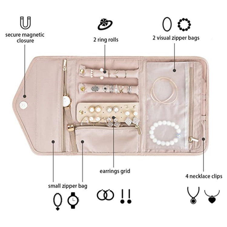 Black Portable Jewelry Roll Bag Travel Organiser High-End Delicate Accessories Necklace Earring Ring Storage(Jewelry is not included)