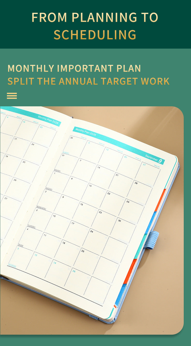 Green 2026 A5 English Daily Planner Notebook 365-Day Schedule Book for Monthly & Annual Planning