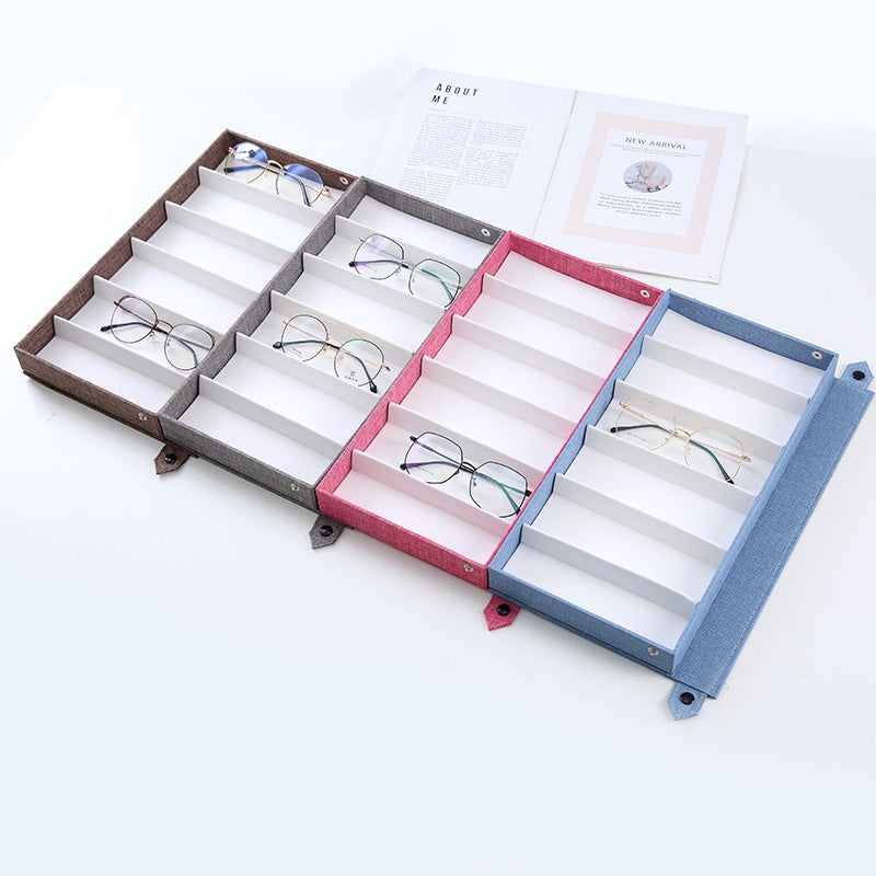 Blue Multi-Compartment Glasses Storage Box Dust-proof Fabric Eyewear Display Organiser with Snap Closure