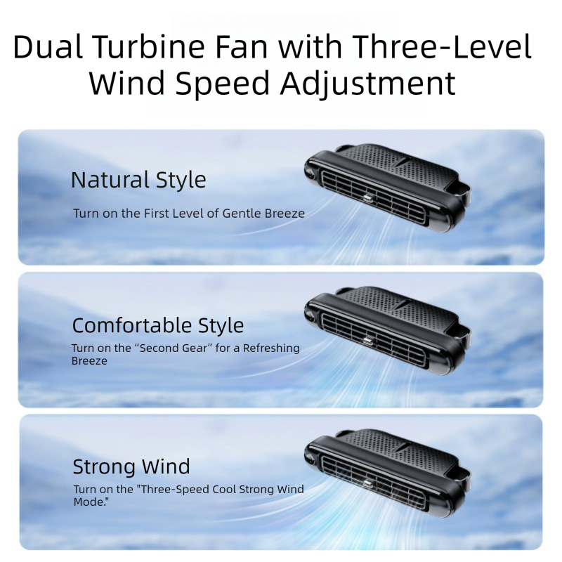 Black Car Seat Back Headrest Fan USB Powered Dual Turbine Bladeless Cooling Fan with 3 Speeds