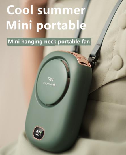 Green Portable Bladeless Neck Fan with Waist Clip & Digital Display USB Rechargeable Mini Fan