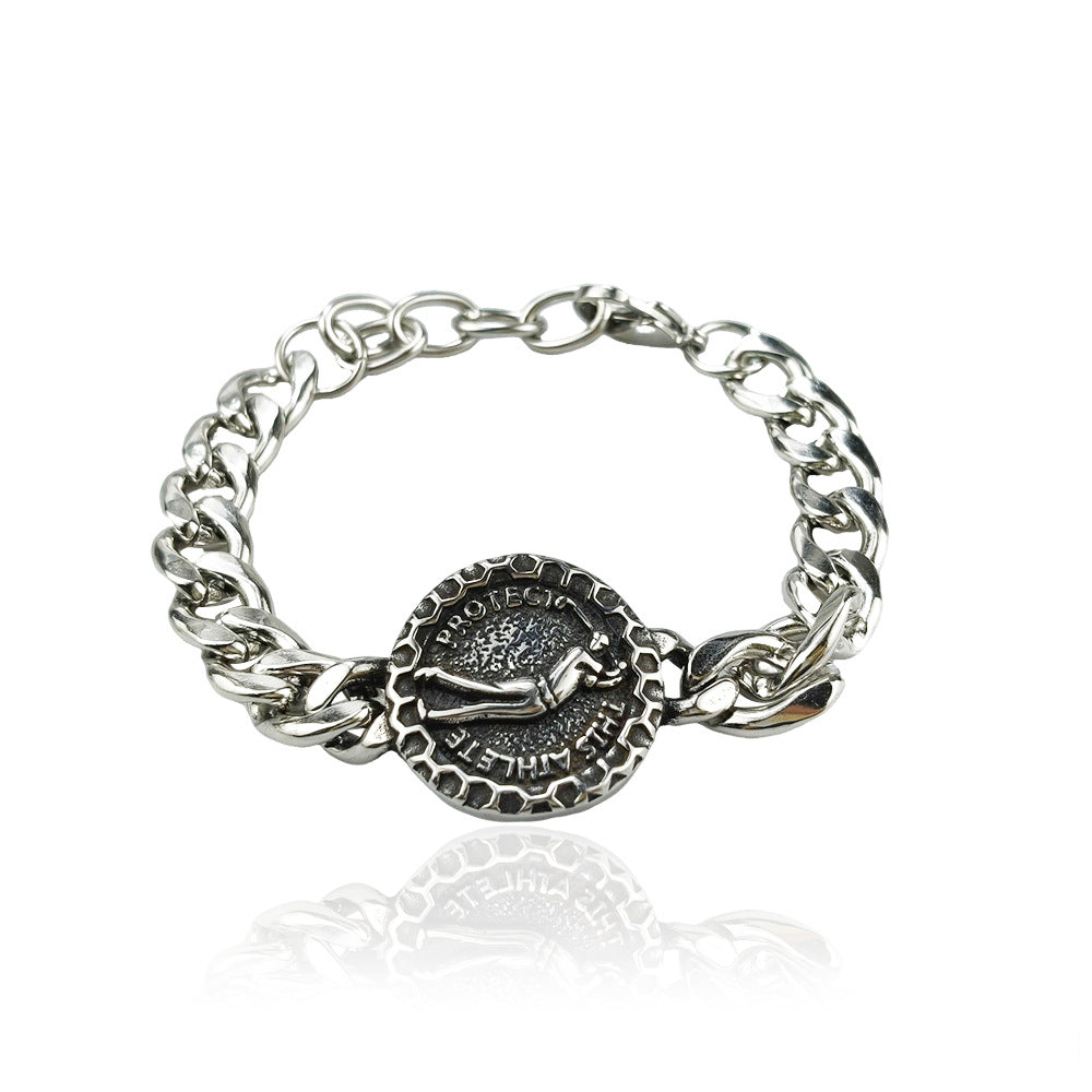 Silver Style 5 Men's Stainless Steel Curb Chain Bracelet - Retro Punk Hip Hop Style with Round Medallion Charm - Durable 26cm Streetwear Jewellery