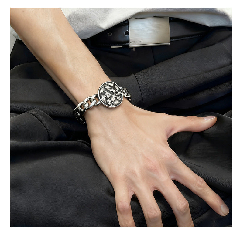 Silver Style 5 Men's Stainless Steel Curb Chain Bracelet - Retro Punk Hip Hop Style with Round Medallion Charm - Durable 26cm Streetwear Jewellery