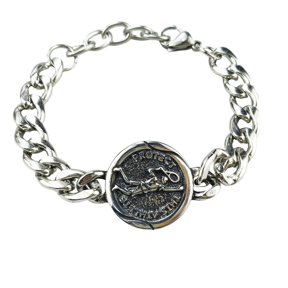 Silver Style 6 Men's Stainless Steel Curb Chain Bracelet - Retro Punk Hip Hop Style with Round Medallion Charm - Durable 26cm Streetwear Jewellery