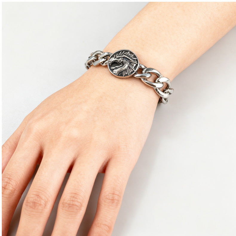 Silver Style 6 Men's Stainless Steel Curb Chain Bracelet - Retro Punk Hip Hop Style with Round Medallion Charm - Durable 26cm Streetwear Jewellery