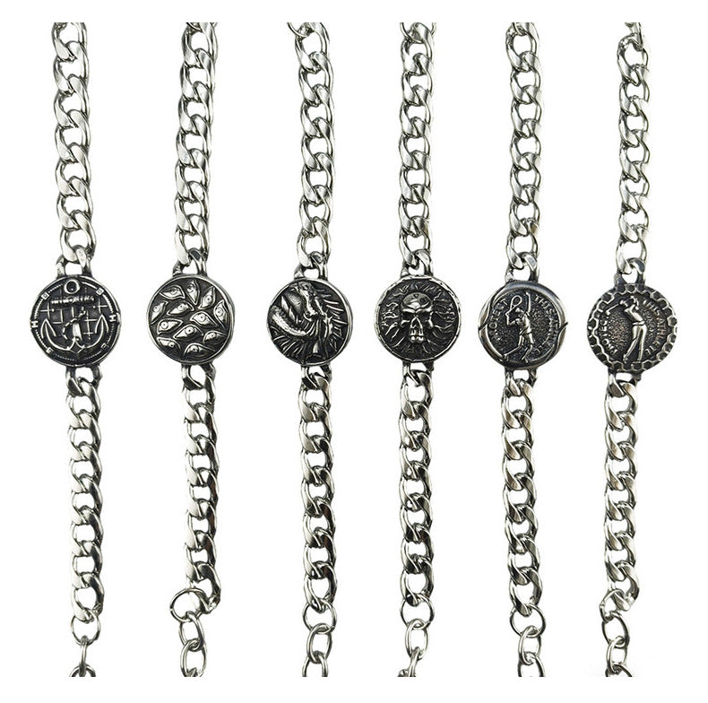 Silver Style 7 Men's Stainless Steel Curb Chain Bracelet - Retro Punk Hip Hop Style with Round Medallion Charm - Durable 26cm Streetwear Jewellery