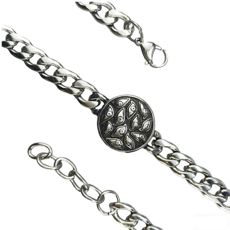 Silver Style 9 Men's Stainless Steel Curb Chain Bracelet - Retro Punk Hip Hop Style with Round Medallion Charm - Durable 26cm Streetwear Jewellery