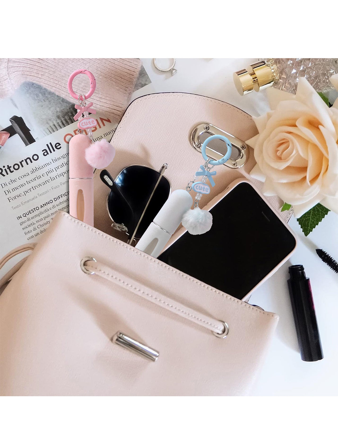 Pink 3 Pack Plush Perfume Atomiser Keychain - 5ml Portable Refillable Spray Bottle with Pom Pom Bag Charm