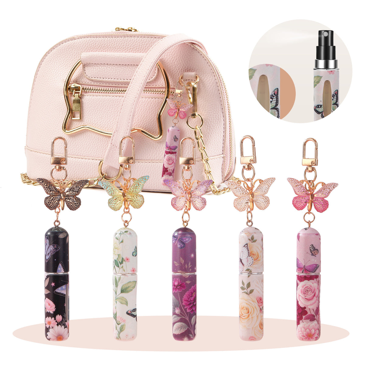 Black 3 Pcs Portable 5ml Perfume Atomiser Keychain - Refillable Floral Spray Bottle with Butterfly Charm for Travel & Handbag