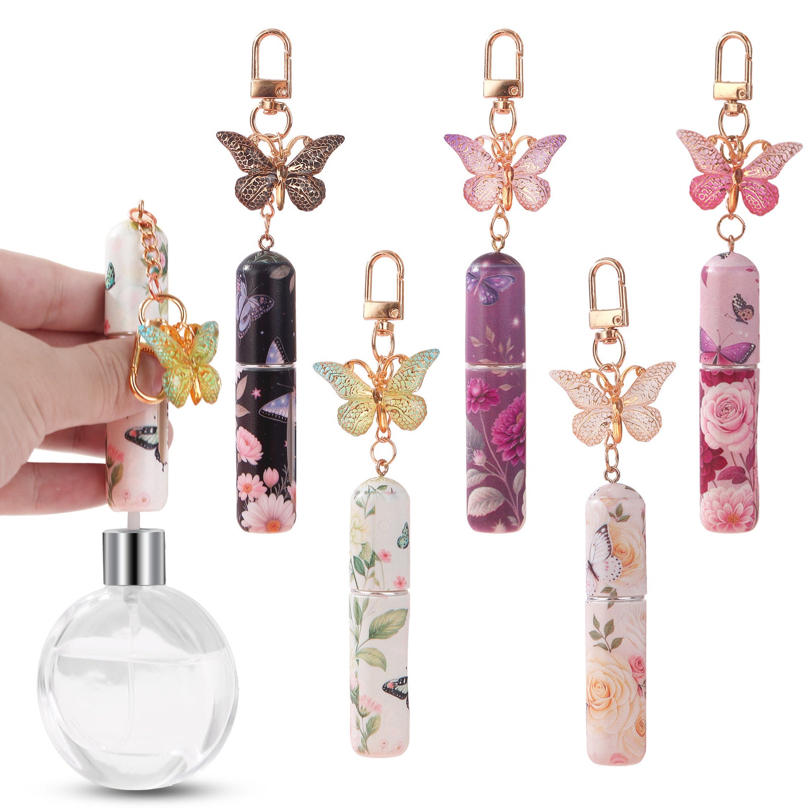 Black 3 Pcs Portable 5ml Perfume Atomiser Keychain - Refillable Floral Spray Bottle with Butterfly Charm for Travel & Handbag