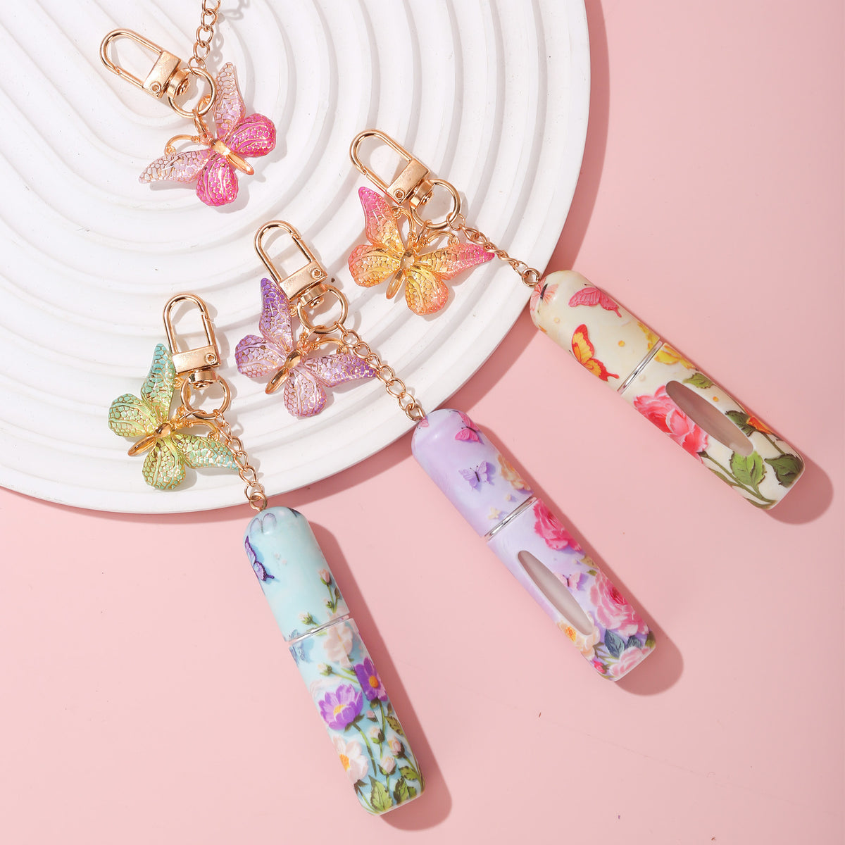 Black 3 Pcs Portable 5ml Perfume Atomiser Keychain - Refillable Floral Spray Bottle with Butterfly Charm for Travel & Handbag