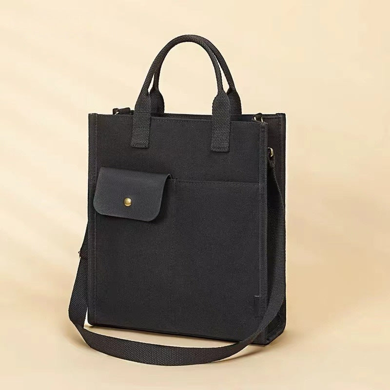 Black Unisex Canvas Tote Bag - Structured Vertical Shoulder Satchel with Front Pocket - Lightweight Crossbody for Work, Uni &amp; Daily Commute