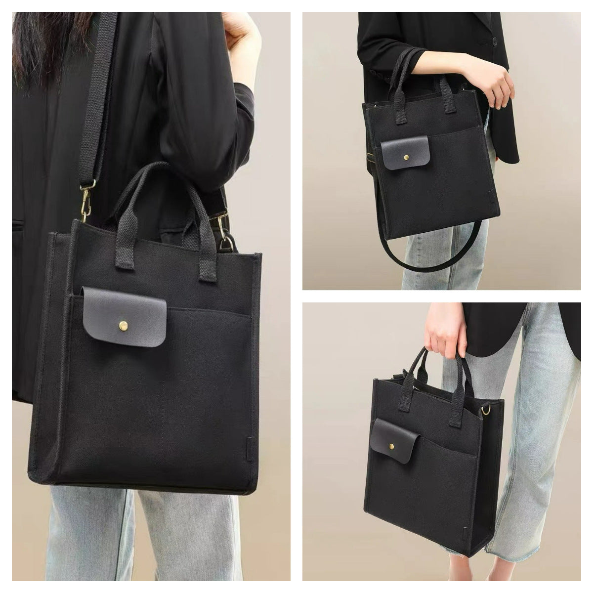 Black Unisex Canvas Tote Bag - Structured Vertical Shoulder Satchel with Front Pocket - Lightweight Crossbody for Work, Uni & Daily Commute