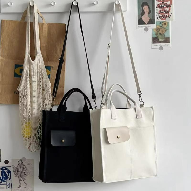 Black Unisex Canvas Tote Bag - Structured Vertical Shoulder Satchel with Front Pocket - Lightweight Crossbody for Work, Uni & Daily Commute