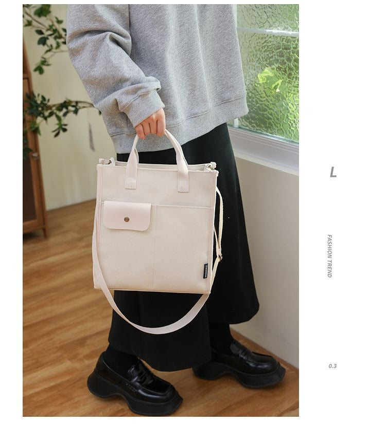 White Unisex Canvas Tote Bag - Structured Vertical Shoulder Satchel with Front Pocket - Lightweight Crossbody for Work, Uni & Daily Commute