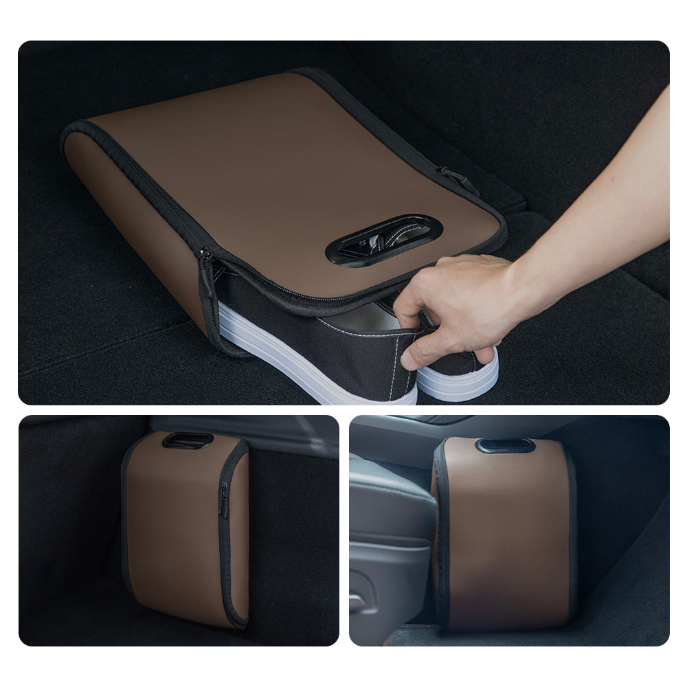 Black Premium Car Under-Seat Shoe Organiser Box - PVC Leather Storage Case with Anti-Slip Velcro Fixation - Space Saving Vehicle Interior Solution