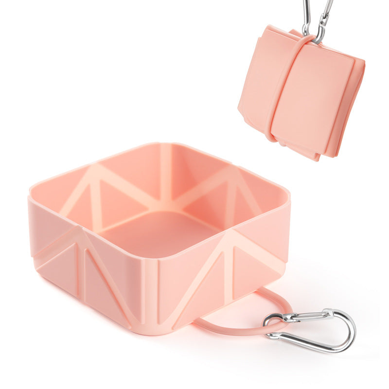 2 Pcs Pink Portable 500ml Collapsible Square Pet Bowl - Silicone Travel Feeder with Carabiner Clip for Dogs & Cats - Lightweight for Camping & Hiking