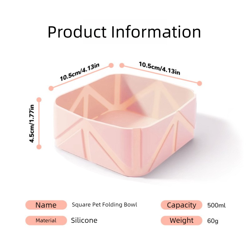 2 Pcs Pink Portable 500ml Collapsible Square Pet Bowl - Silicone Travel Feeder with Carabiner Clip for Dogs & Cats - Lightweight for Camping & Hiking