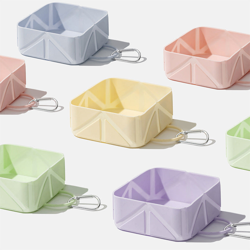 2 Pcs Yellow Portable 500ml Collapsible Square Pet Bowl - Silicone Travel Feeder with Carabiner Clip for Dogs & Cats - Lightweight for Camping & Hiking