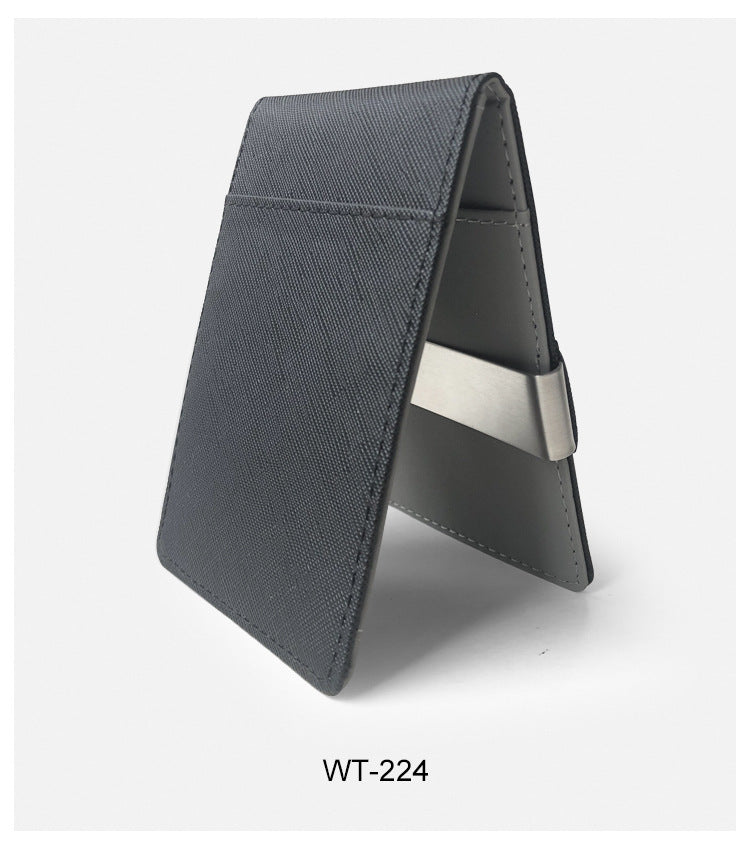 Black Men's Slim Bifold Money Clip Wallet - Saffiano Texture PU Leather with Stainless Steel Cash Clamp - Minimalist Front Pocket Card Holder