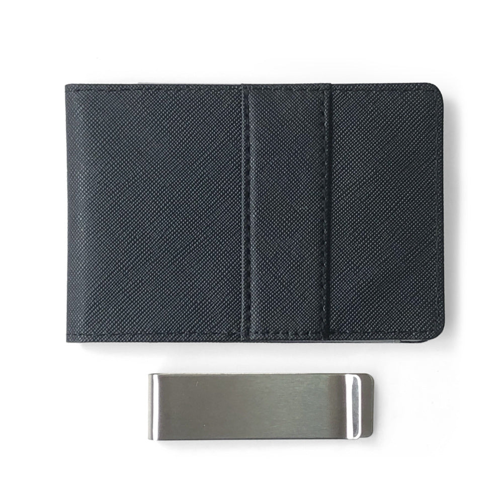 Black Men's Slim Bifold Money Clip Wallet - Saffiano Texture PU Leather with Stainless Steel Cash Clamp - Minimalist Front Pocket Card Holder