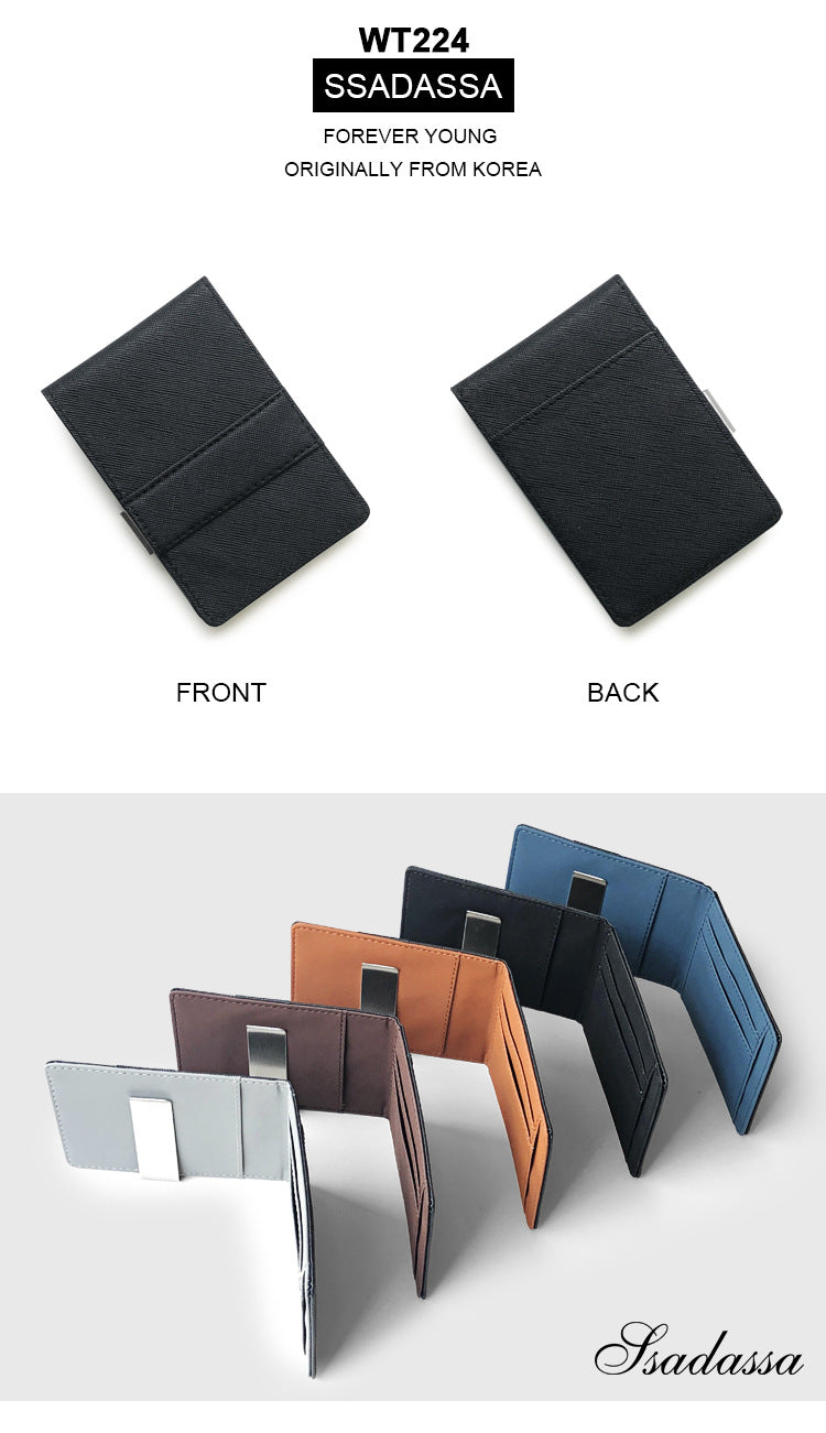 Blue Men's Slim Bifold Money Clip Wallet - Saffiano Texture PU Leather with Stainless Steel Cash Clamp - Minimalist Front Pocket Card Holder