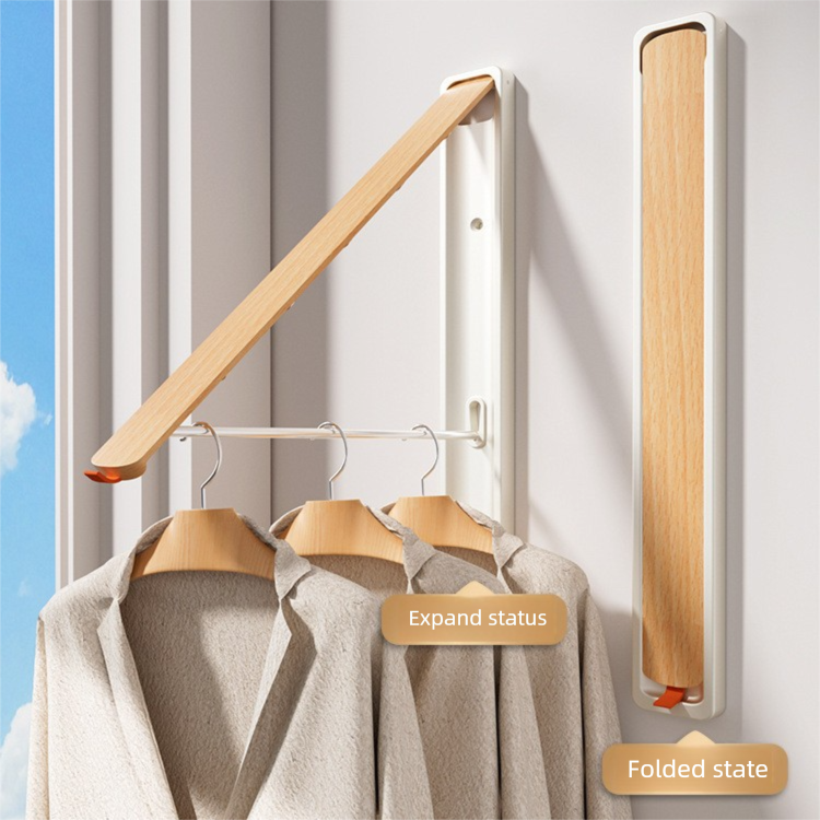 2 Pack White and Brown Wall Mounted Foldable Clothes Hanger Rack - Retractable Space Aluminium Drying Airer for Laundry &amp; Balcony - Screw Mount Hardware Included