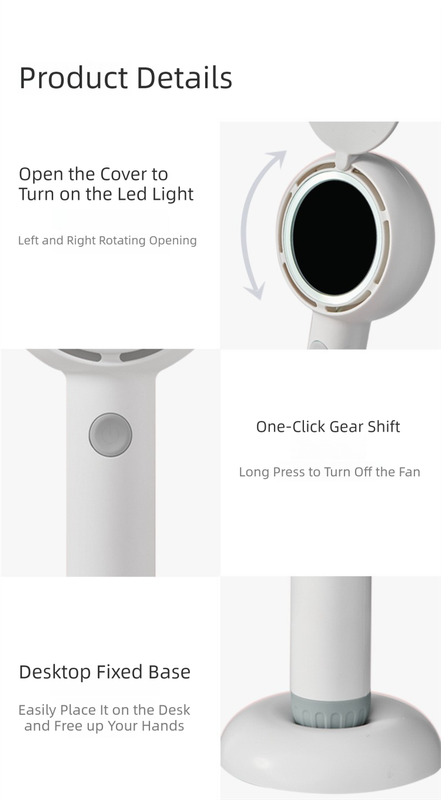 White 2-in-1 Handheld Fan with LED Makeup Mirror - Portable USB Rechargeable Beauty Light Fan with Desktop Base - 3 Speed Quiet Airflow for Travel & Summer