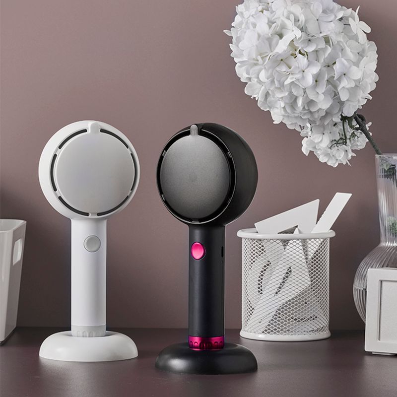 White 2-in-1 Handheld Fan with LED Makeup Mirror - Portable USB Rechargeable Beauty Light Fan with Desktop Base - 3 Speed Quiet Airflow for Travel & Summer