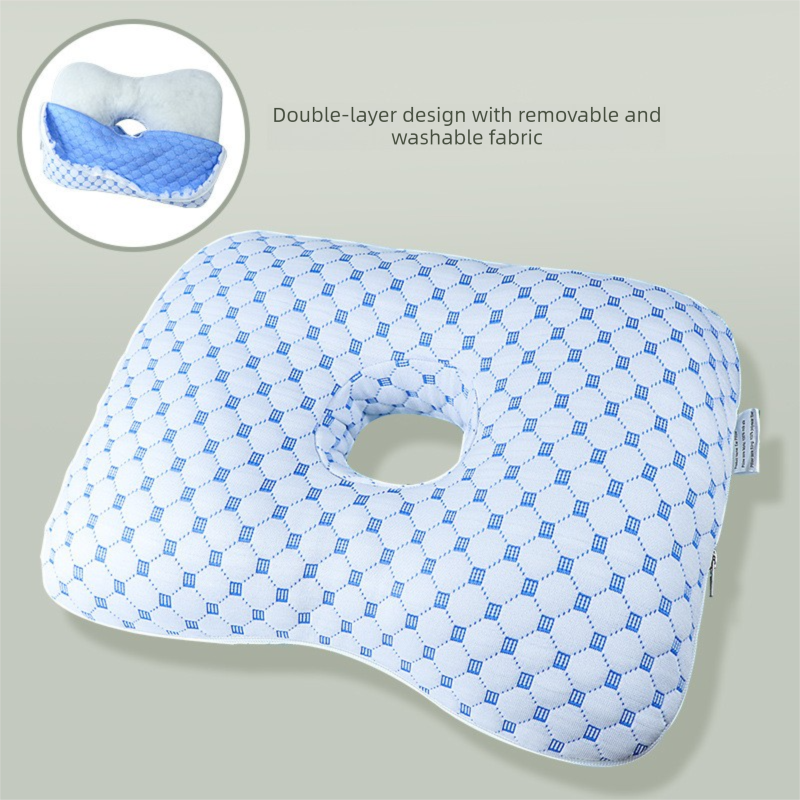Blue Ergonomic Ear Pillow with Hole for Side Sleepers - Pressure Relief Cushion for Ear Pain, Piercings &amp; CNH - Washable Cover