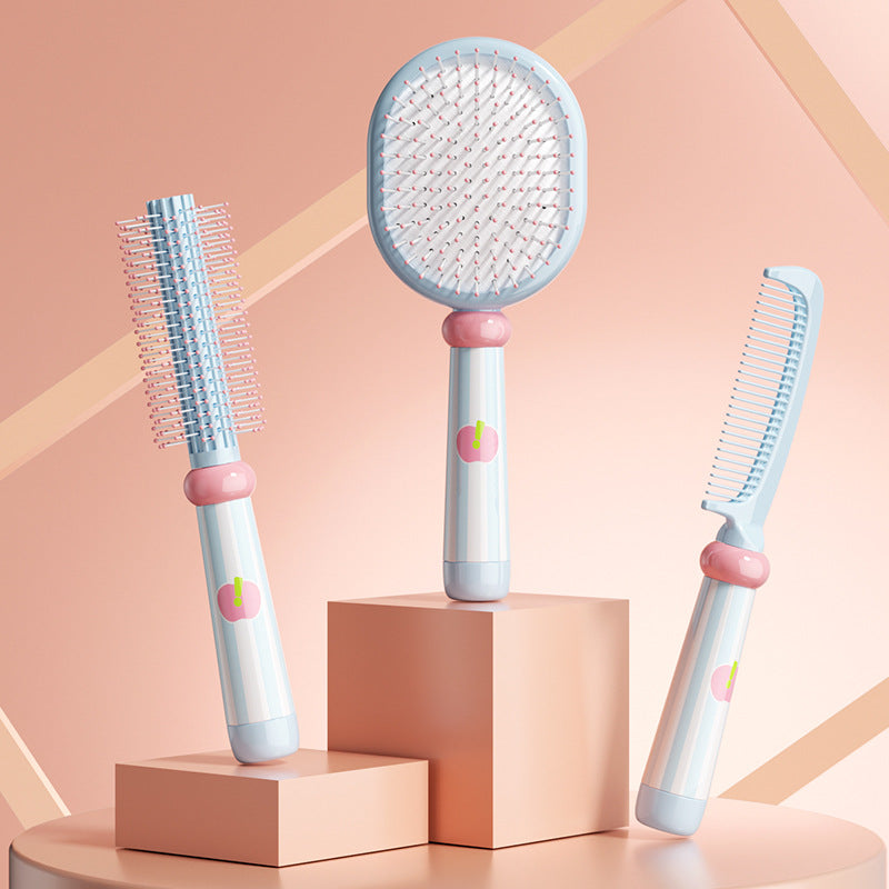 Blue 3-Piece Aesthetic Hair Brush Set - Detangling Air Cushion & Volumising Roller Comb with Hidden Cleaning Claw - Scalp Massage Styling Kit