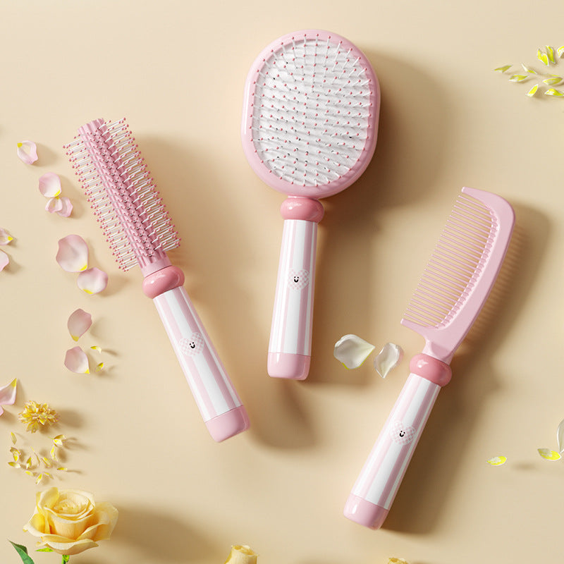 Pink 3-Piece Aesthetic Hair Brush Set - Detangling Air Cushion &amp; Volumising Roller Comb with Hidden Cleaning Claw - Scalp Massage Styling Kit