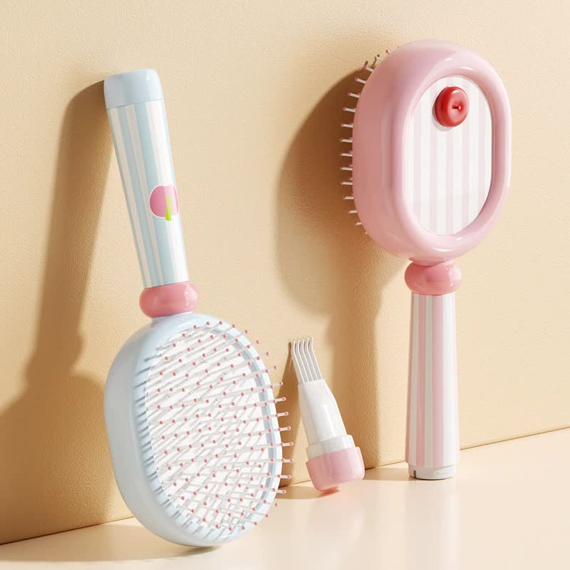 Pink 3-Piece Aesthetic Hair Brush Set - Detangling Air Cushion & Volumising Roller Comb with Hidden Cleaning Claw - Scalp Massage Styling Kit