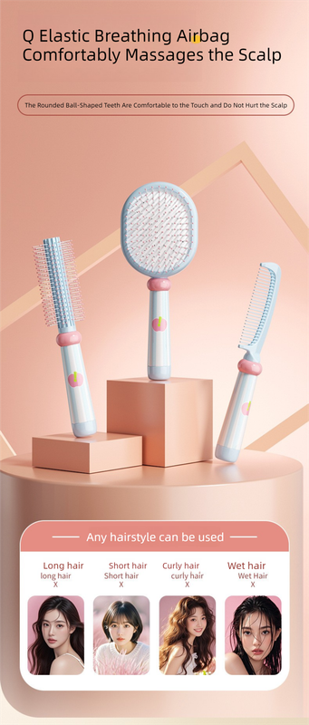 Pink 3-Piece Aesthetic Hair Brush Set - Detangling Air Cushion & Volumising Roller Comb with Hidden Cleaning Claw - Scalp Massage Styling Kit