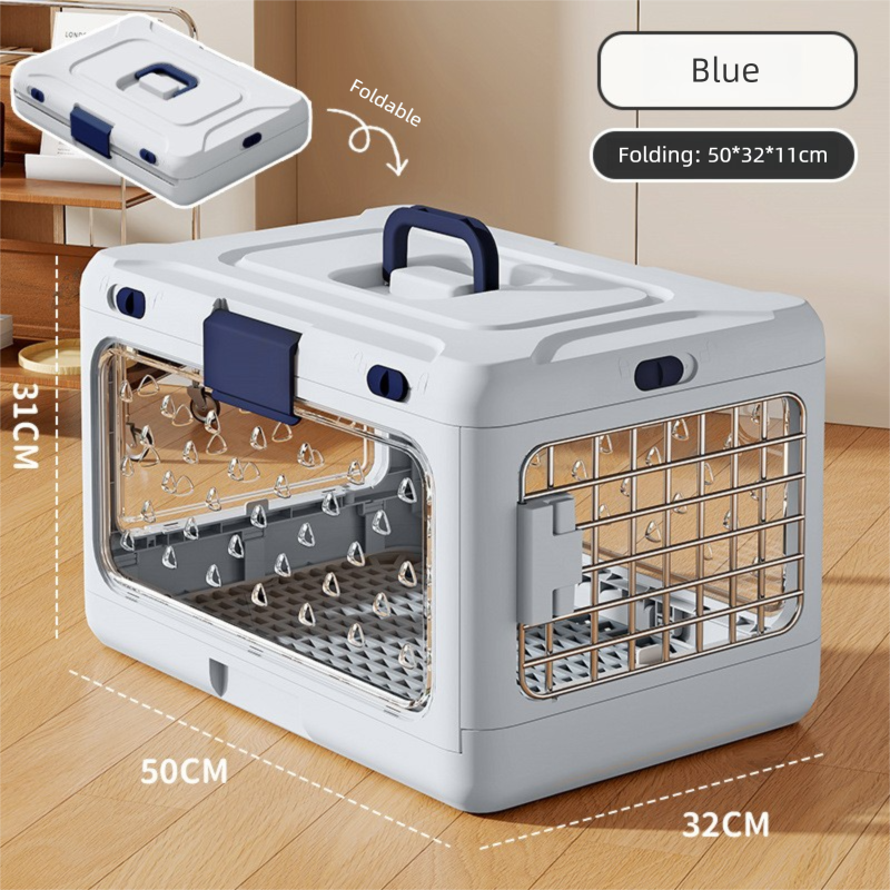 Blue Premium Foldable Pet Carrier Crate - Breathable Aviation Travel Box for Cats &amp; Small Dogs up to 10kg - Portable Car &amp; Flight Transport Case