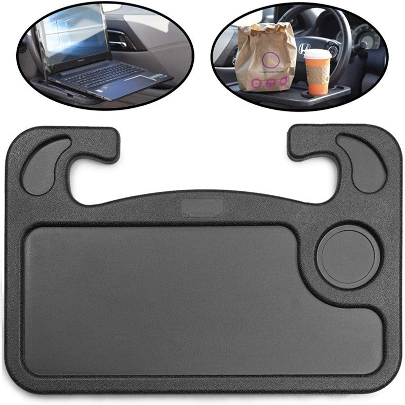 Grey Portable Car Steering Wheel Tray - 2-in-1 Dual Sided Laptop Desk & Food Table with Cup Holder - Universal Auto Interior Accessory for Travel & Mobile Work