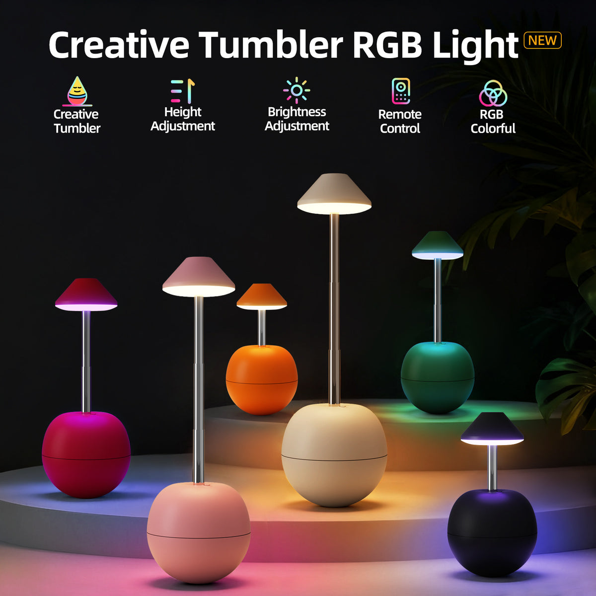 Black Creative Tumbler LED Night Light - Rechargeable RGB Desk Lamp with Remote Control - Height Adjustable, Brightness Adjustable, Bedside Ambient Light