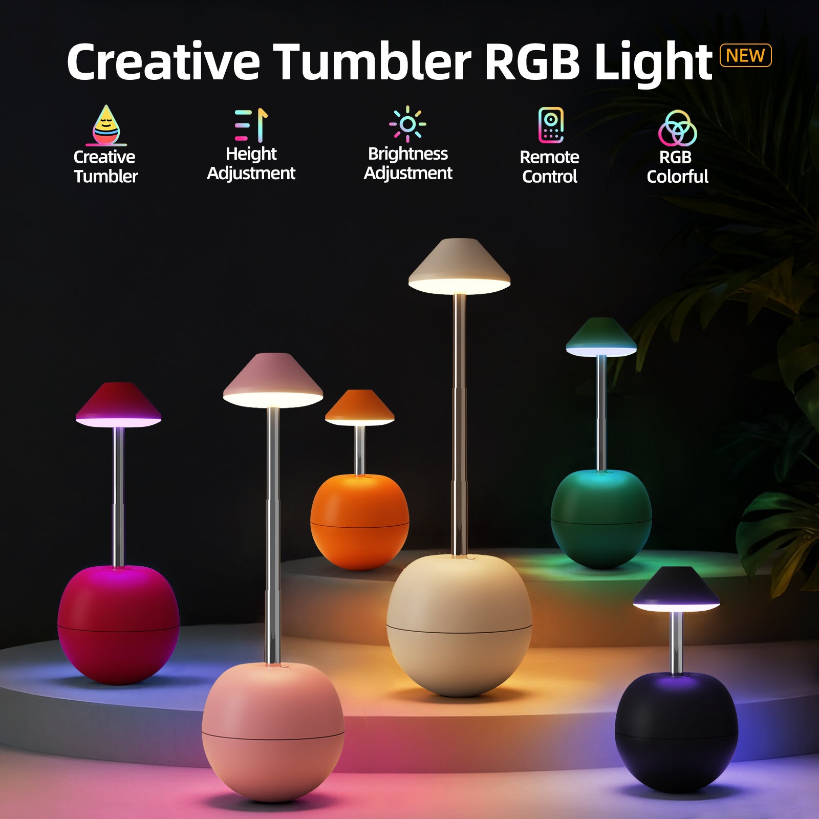 Black Creative Tumbler LED Night Light - Rechargeable RGB Desk Lamp with Remote Control - Height Adjustable, Brightness Adjustable, Bedside Ambient Light
